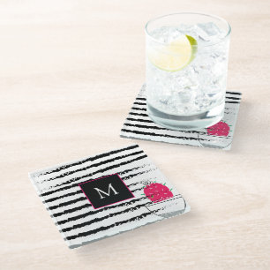 Pink Cactus striped pattern monogram Glass Coaster