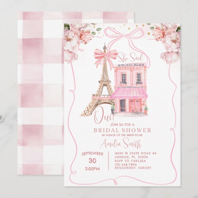 Pink Cafe Paris Bow Eiffel Tower Bridal Shower Invitation (Front/Back)