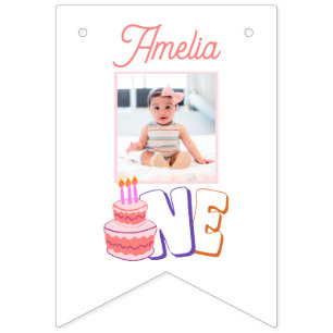 Pink Cake 1st Birthday 12 Month Photo Banner