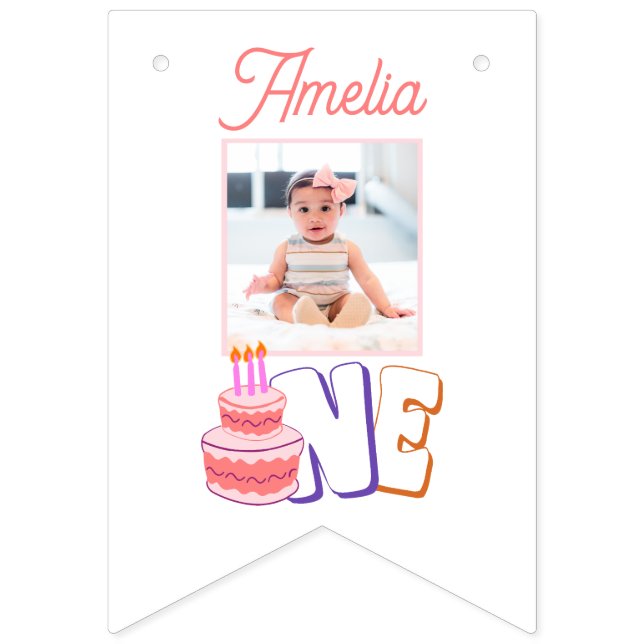 Pink Cake 1st Birthday 12 Month Photo Banner (First Flag)