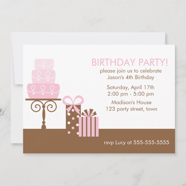 Pink Cake and Presents Birthday Invitation (Front)