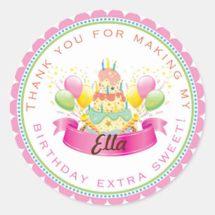 Pink Cake Birthday Party favour stickers