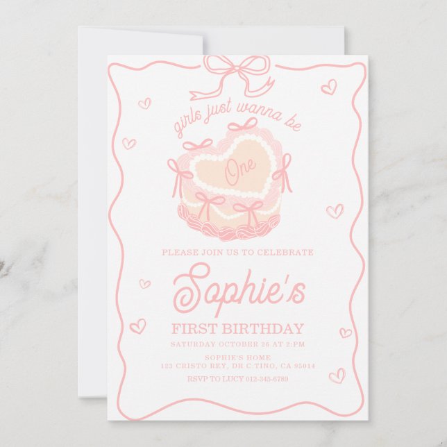 Pink Cake Bow Girls Just Wanna Be One Birthday Invitation (Front)