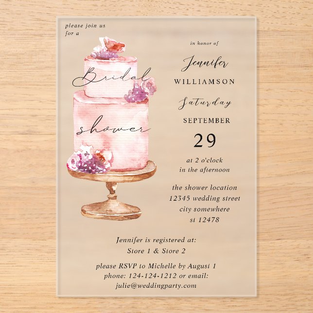 Pink Cake Bridal Shower  Acrylic Invitations (Front)