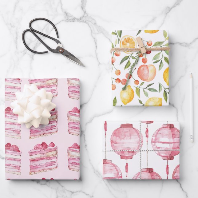 Pink Cake Lemons Lanterns Bridal Shower Wrapping Paper Sheet (Front)