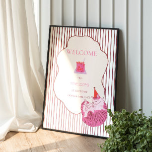 Pink Cake One Silly Cat 1st Birthday Welcome Poster