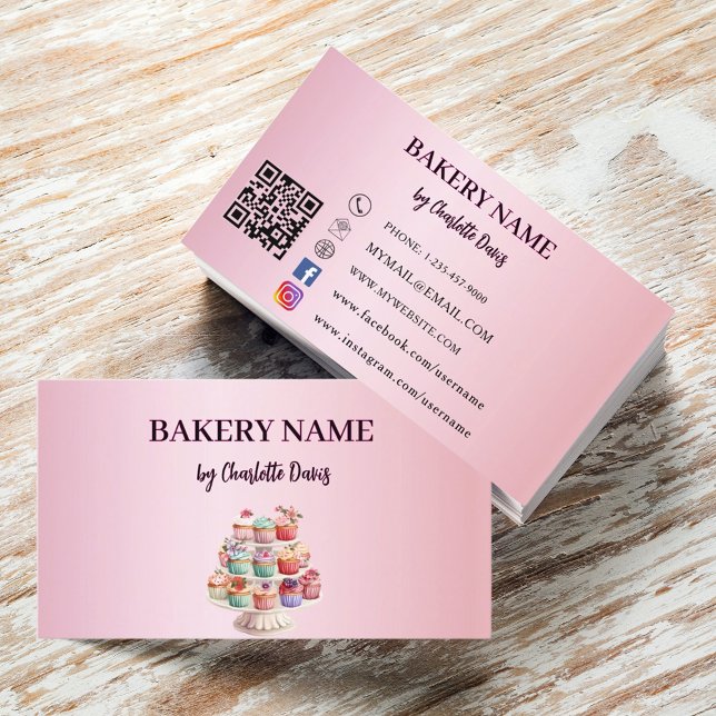 Pink cake pastry cupcakes bakery QR code Business Card (Creator Uploaded)