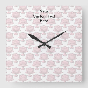 Pink Cake Pattern with Custom Text. Square Wall Clock