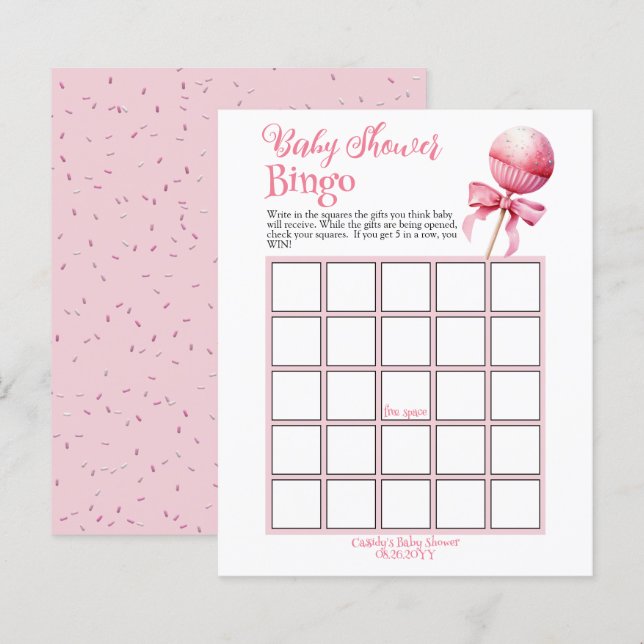 Pink Cake Pop Baby Shower Bingo Game (Front/Back)