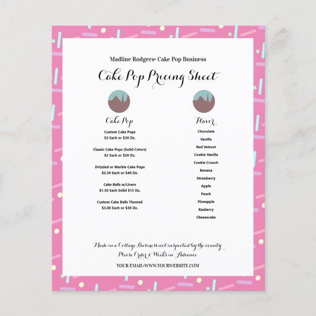 Pink Cake Pop Business Logo Sprinkles Pricing List Flyer (Front)