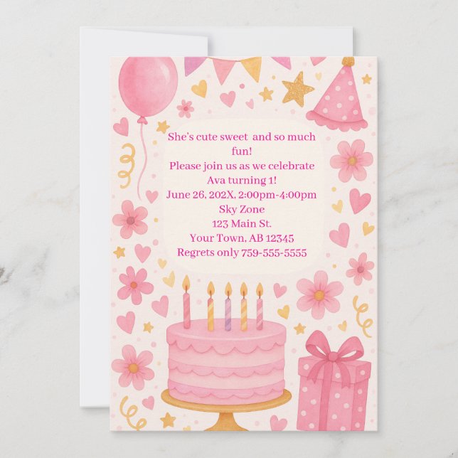 Pink Cake, Presents, Balloons, Hat Girls Birthday Invitation (Front)