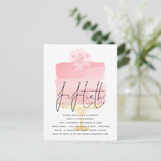 Pink Cake Script Overlay 50th Birthday Invitation Postcard (Standing Front)