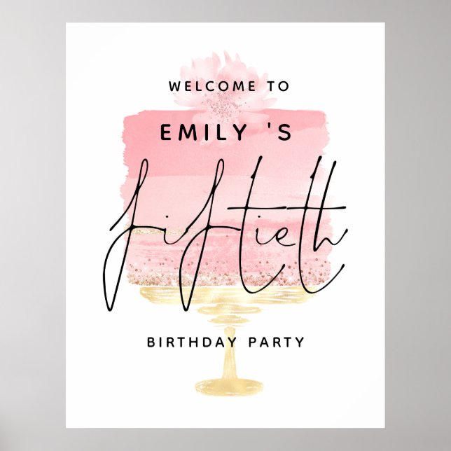 Pink Cake Script Welcome Name 50th Birthday Party Poster (Front)