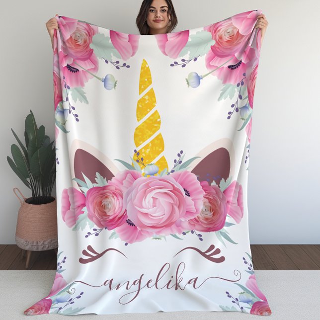 Pink California Poppies Floral Unicorn Head Fleece Blanket (Pink California Poppies Floral Unicorn Head Fleece Blanket (L))