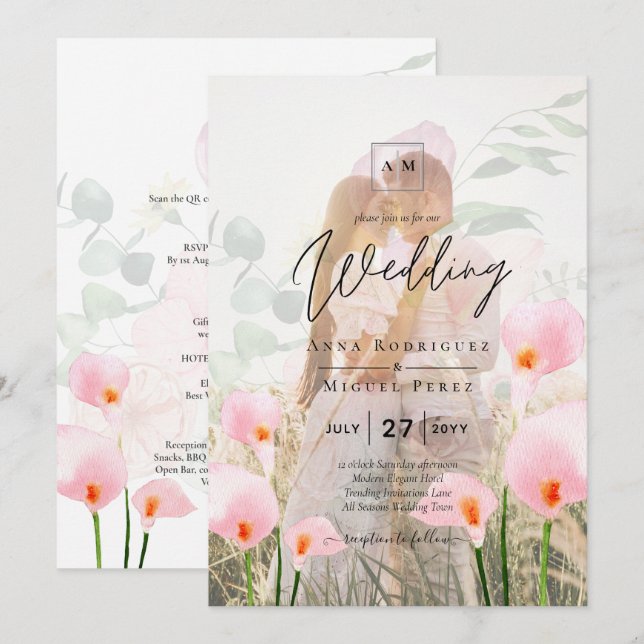 PINK CALLA LILIES PHOTO OVERLAY WEDDING INVITE (Front/Back)