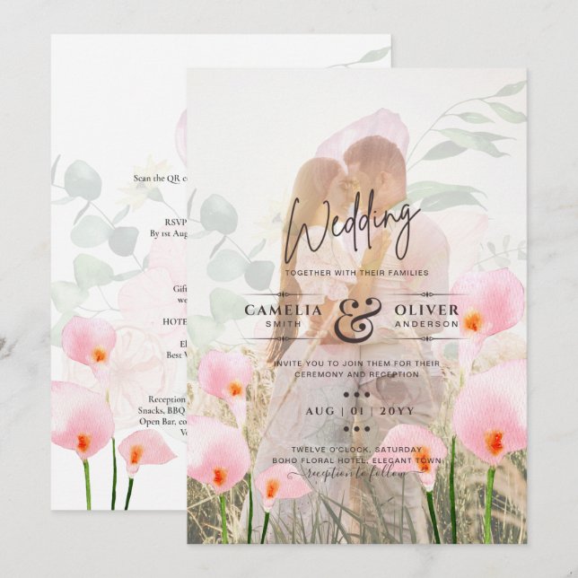 PINK CALLA LILIES PHOTO OVERLAY WEDDING INVITE (Front/Back)