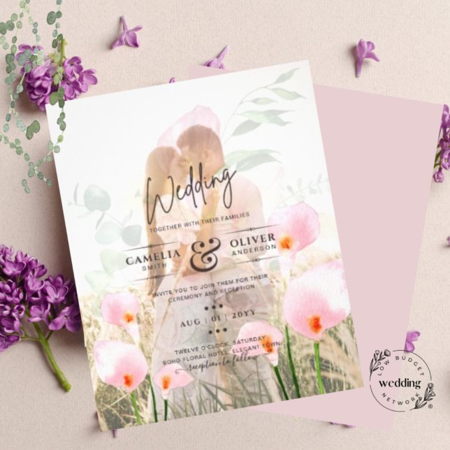 PINK CALLA LILIES PHOTO OVERLAY WEDDING INVITE (Creator Uploaded)
