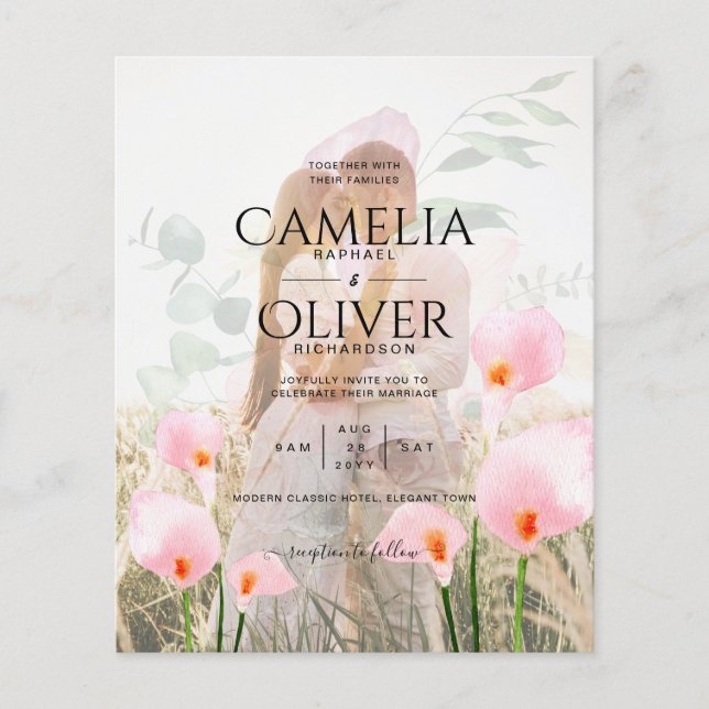 PINK CALLA LILIES PHOTO OVERLAY WEDDING INVITE FLYER (Front)