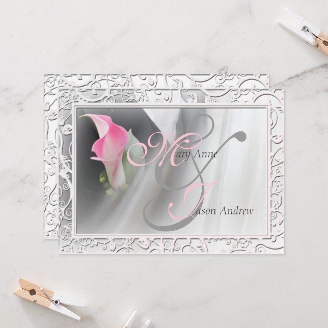 Pink Calla Lily Flourish Frame Wedding Invitation (Front/Back In Situ)
