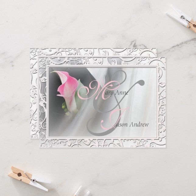 Pink Calla Lily Flourish Frame Wedding Invitation (Front/Back In Situ)