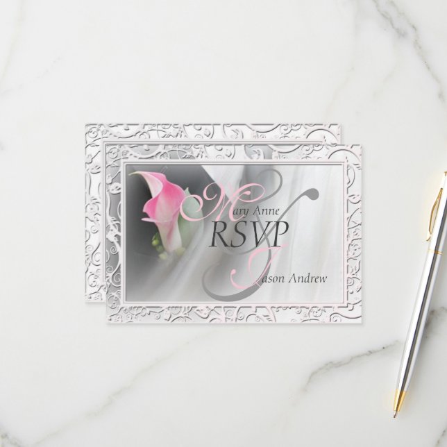 Pink Calla Lily Flourish Frame Wedding RSVP (Front/Back In Situ)