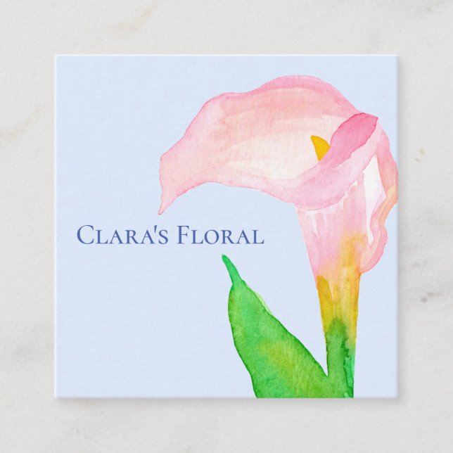 Pink Calla Lily Flower Watercolor Square Business Card (Front)
