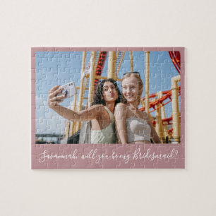 Pink Calligraphy Custom Photo Bridesmaid Proposal Jigsaw Puzzle