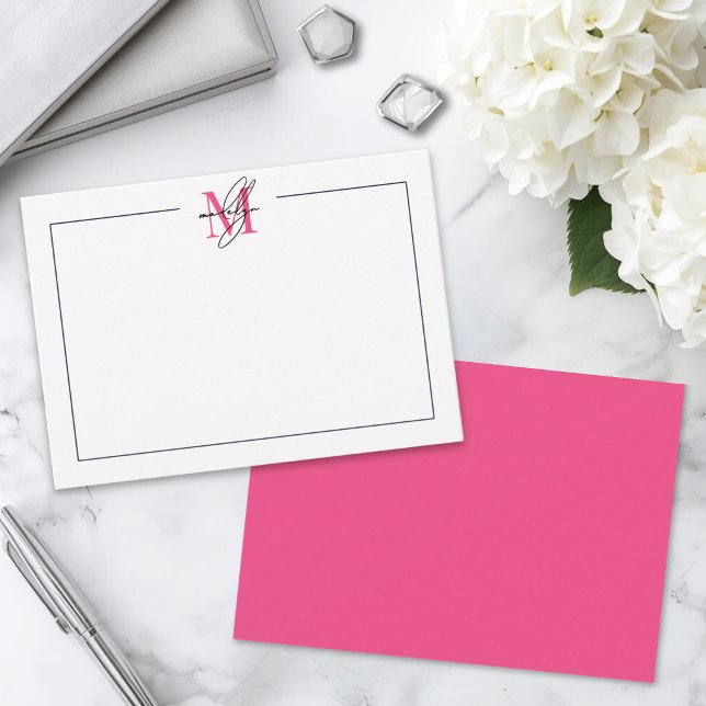 Pink Calligraphy Name Monogram Card (Pink Script Name Monogram Note Card )