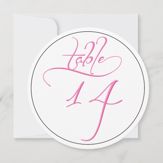 Pink Calligraphy Script Round Table Number 14 Card (Front)