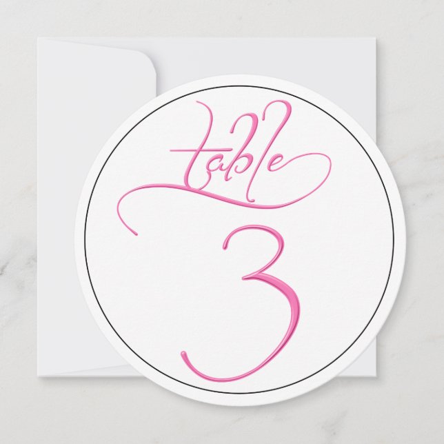 Pink Calligraphy Script Round Table Number 3 Card (Front)