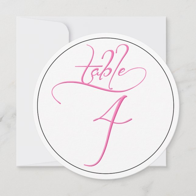 Pink Calligraphy Script Round Table Number 4 Card (Front)