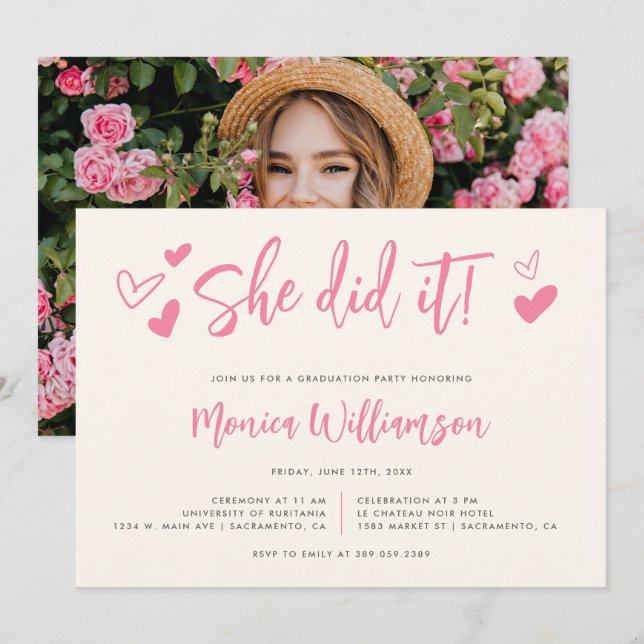 Pink Calligraphy She Did It Photo Graduation Party Invitation (Front/Back)