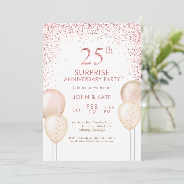 Pink Calligraphy Surprise 25th Anniversary Invitation (Standing Front)