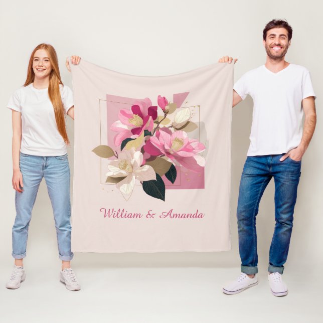 Pink Camellia Bloom Fleece Blanket (In Situ)