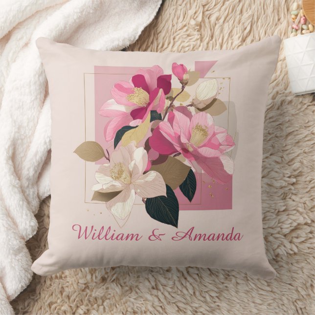 Pink Camellia Bloom Throw Pillow (Blanket)