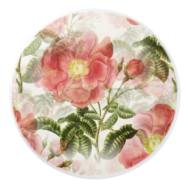 Pink Camellia Floral Pattern Ceramic Knob (Front)