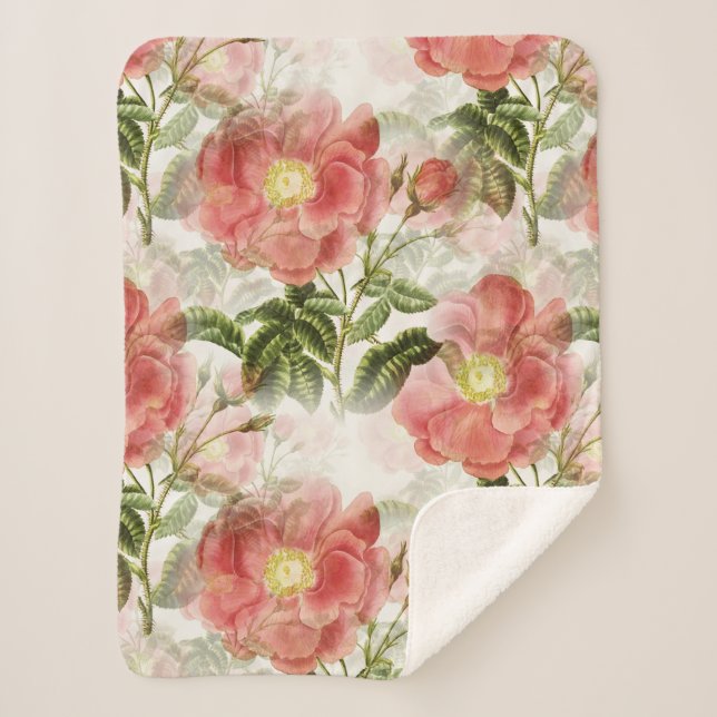 Pink Camellia Floral Pattern Sherpa Blanket (Front)