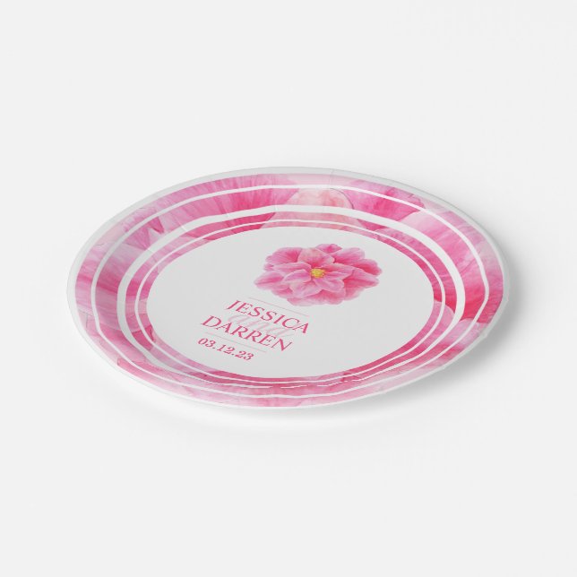 Pink camellia floral wedding party plates (Angled)