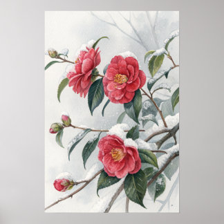 Pink Camellia Snow Poster