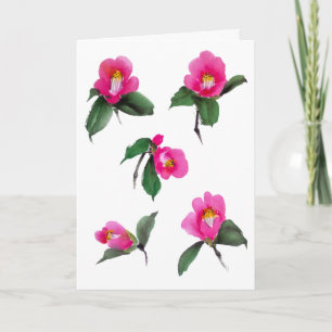 Pink camellia sumie ink and watercolor painting card