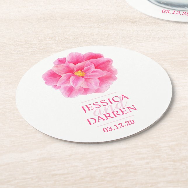 Pink Camellia watercolor wedding custom coasters (Angled)