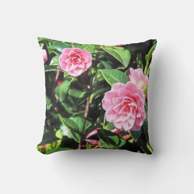 Pink Camellias Digital Painting Throw Pillow (Front)