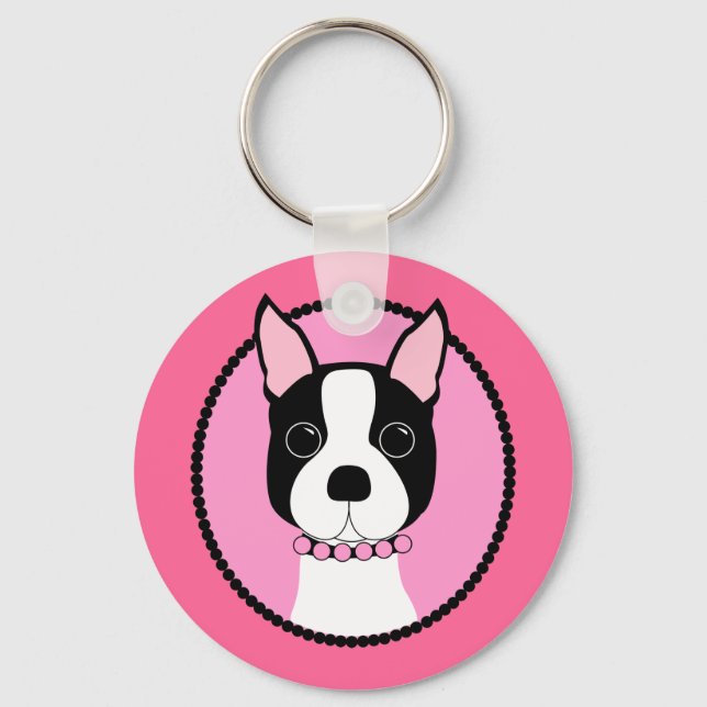 Pink Cameo Boston Terrier Key Ring (Front)
