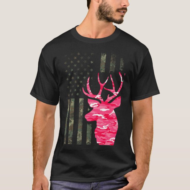 Pink Camo American Flag Camouflage Buck Hunting Sh T-Shirt (Front)
