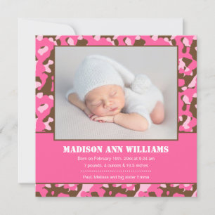 Pink Camo Baby Photo Birth Announcement