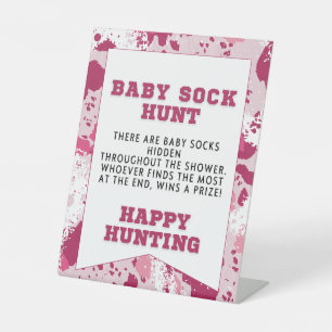 Pink Camo Baby Shower Baby Sock Game Pedestal Sign