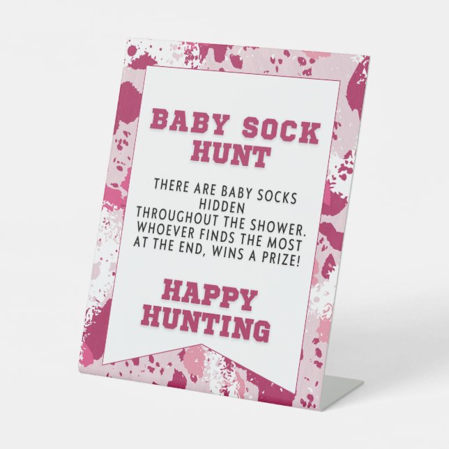 Pink Camo Baby Shower Baby Sock Game Pedestal Sign (Front)