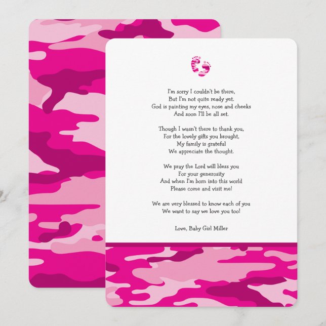 Pink Camo baby shower thank you note with poem Invitation (Front/Back)