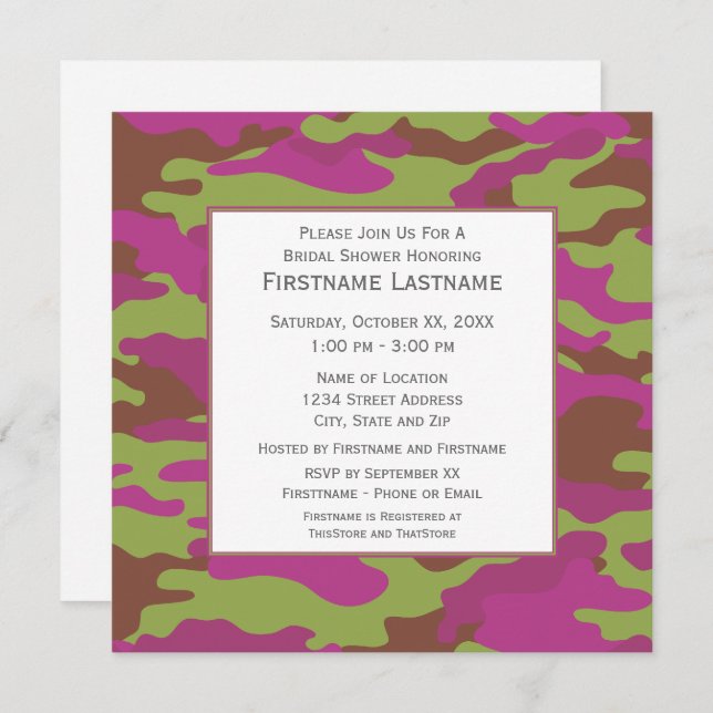 Pink Camo Bridal Shower or Engagement Party Invitation (Front/Back)