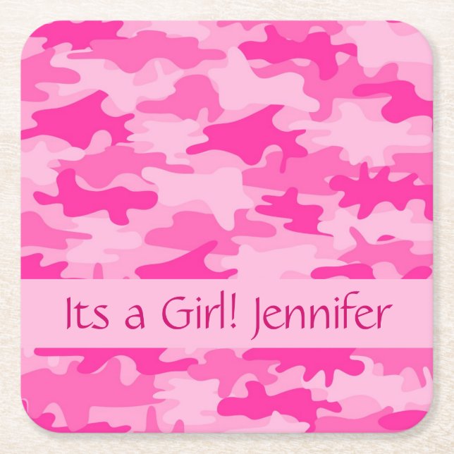 Pink Camo Camouflage Its a Girl Name Square Paper Coaster (Front)